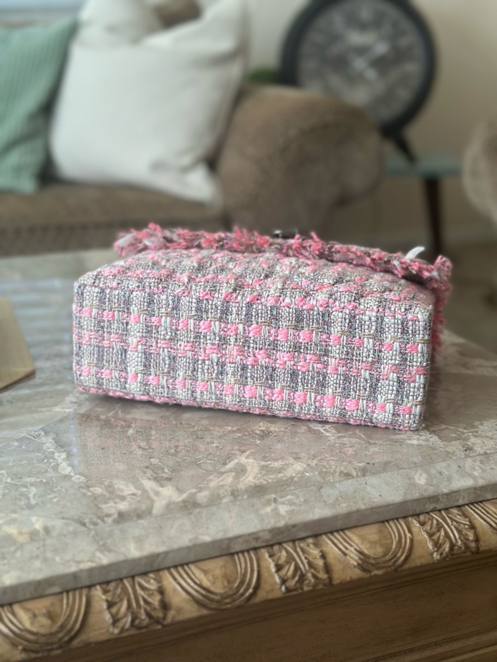 Kurt Geiger London “The Brixton” Tweed Chain Shoulder Bag – Pink & Gray Bouclé - Picture 8 of 9